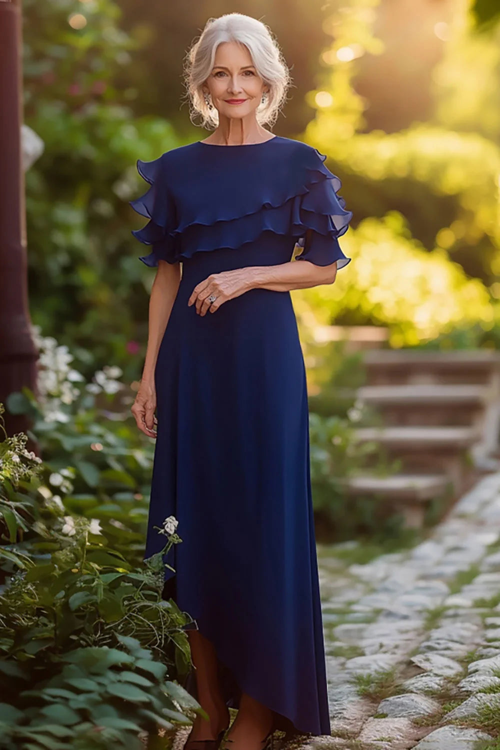 Sheath Chiffon Navy Boat Neck Long Mother of the Bride Dress
